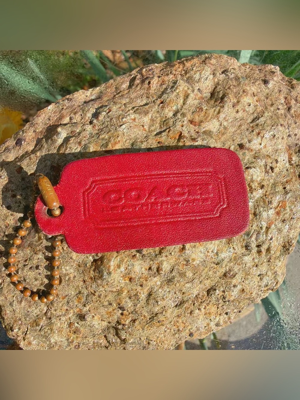 Old Coach Red Leather Hangtag Keychain Charm，2" x 1"